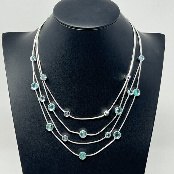 Silver Tone with Turquoise Blue Colored Crystals 4 Strand Chain Necklace - Picture 3 of 11